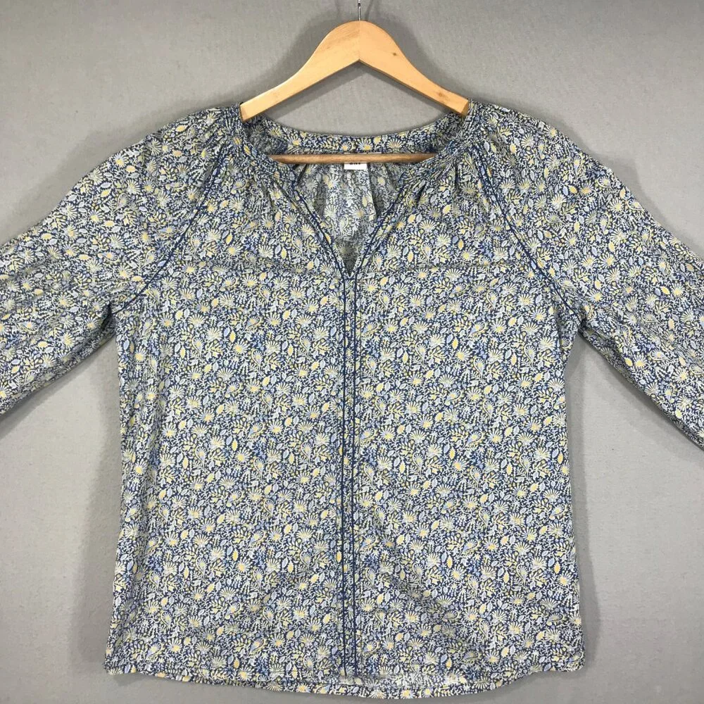 Gap Blouse Women Small Tall Blue Yellow Pullover Top V-Neck Boho Peasant Balloon - Picture 8 of 13